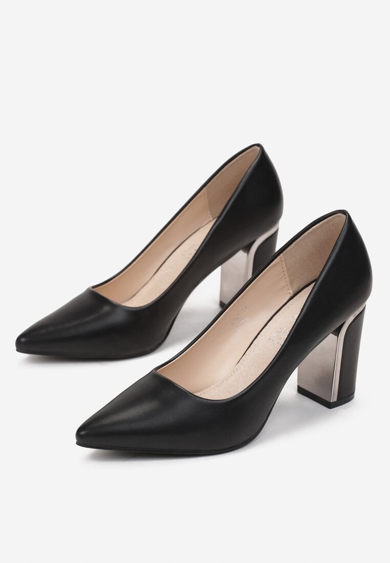 Czarne Czółenka na Słupku z Metaliczną Wstawką i Wkładką ze Skóry Naturalnej Itunza