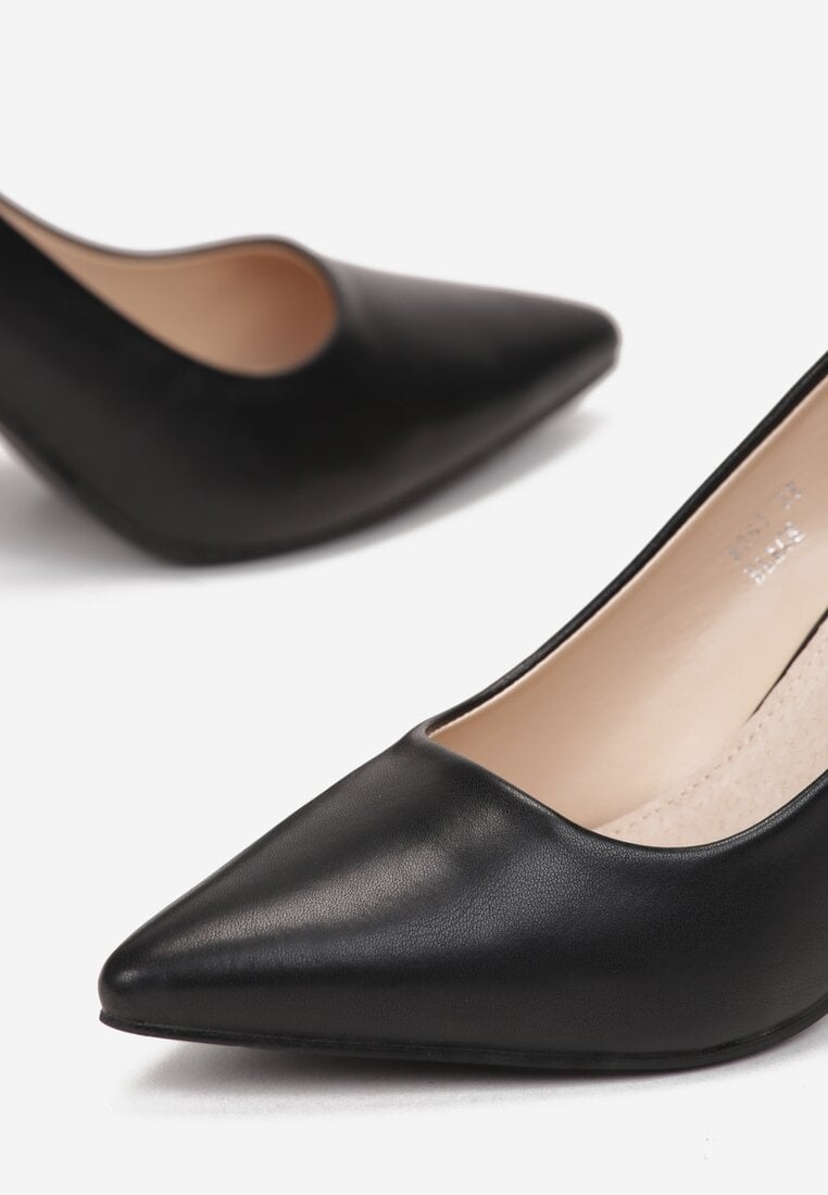 Czarne Czółenka na Słupku z Metaliczną Wstawką i Wkładką ze Skóry Naturalnej Itunza