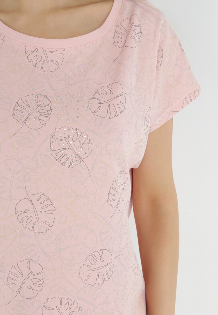 Różowy Bawełniany T-shirt w Listki Monstery z Cyrkoniami Nowaia