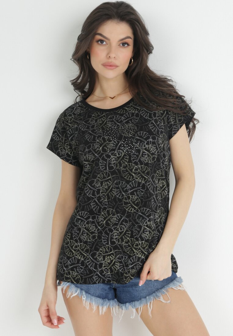 Czarny Bawełniany T-shirt w Listki Monstery z Cyrkoniami Nowaia