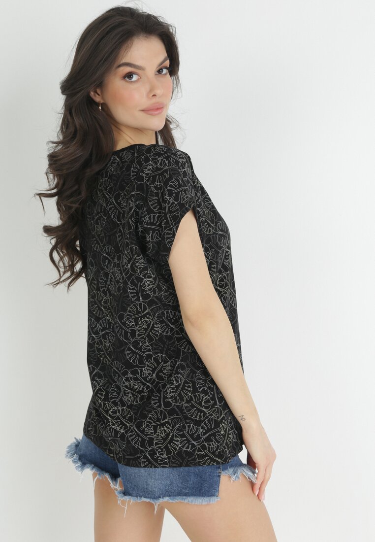 Czarny Bawełniany T-shirt w Listki Monstery z Cyrkoniami Nowaia