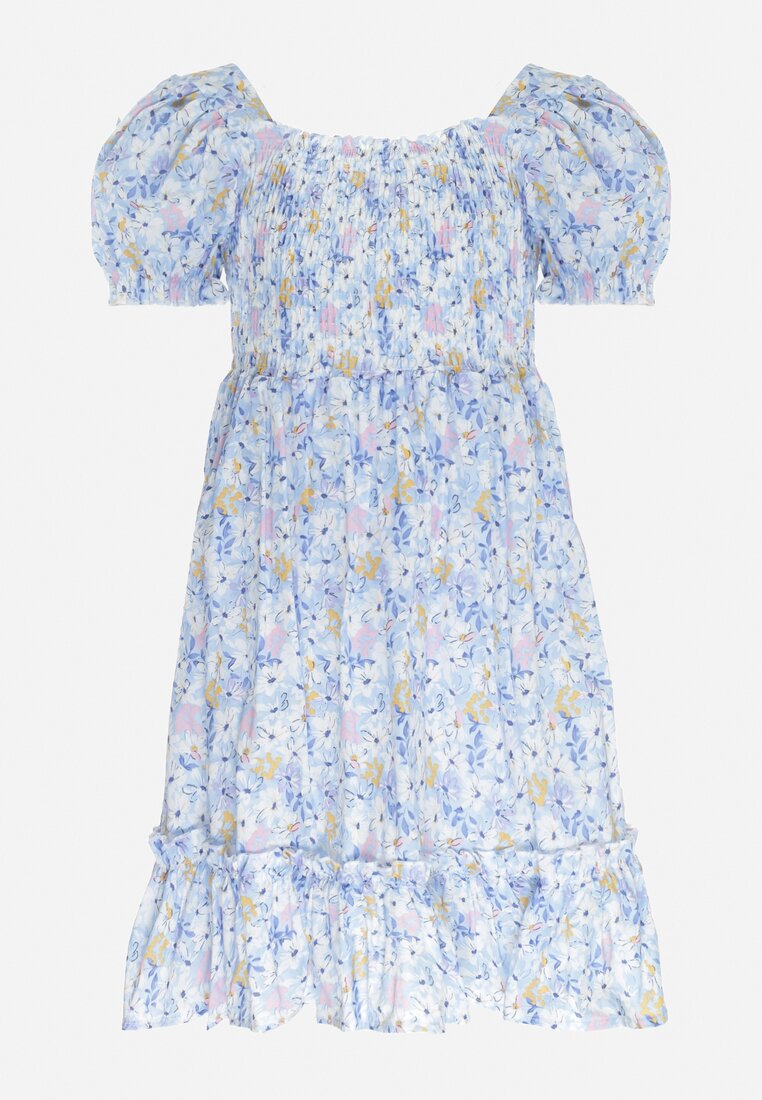 Niebieska Sukienka Rozkloszowana w Kwiaty z Falbanką Minemone