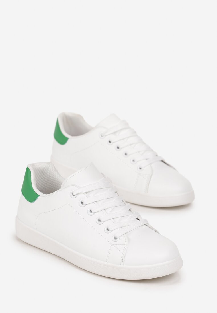 Biało-Zielone Wiązane Sneakersy na Płaskiej Podeszwie z Okrągłym Noskiem Adephine