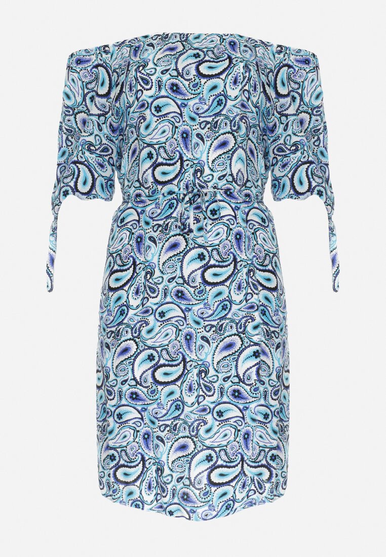 Niebieska Bawełniana Sukienka Hiszpanka Midi ze Wzorem Paisley i Ozdobnymi Rękawami Perseteia
