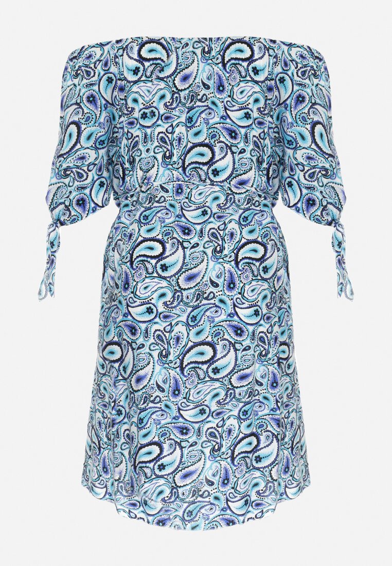Niebieska Bawełniana Sukienka Hiszpanka Midi ze Wzorem Paisley i Ozdobnymi Rękawami Perseteia