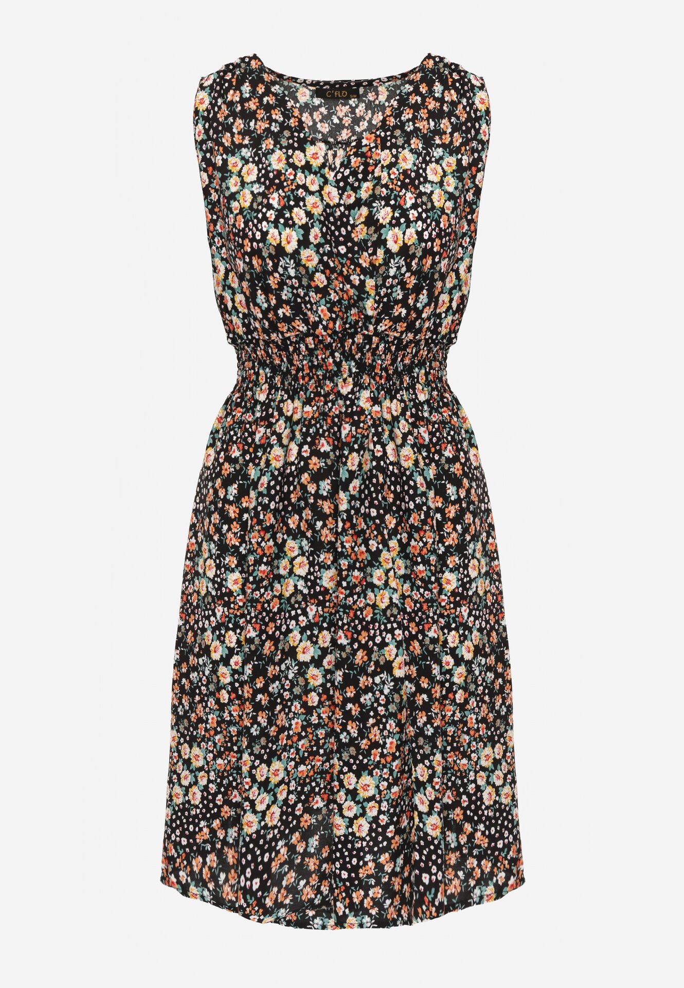 Granatowa Rozkloszowana Sukienka z Wiskozy w Kwiaty Evalis