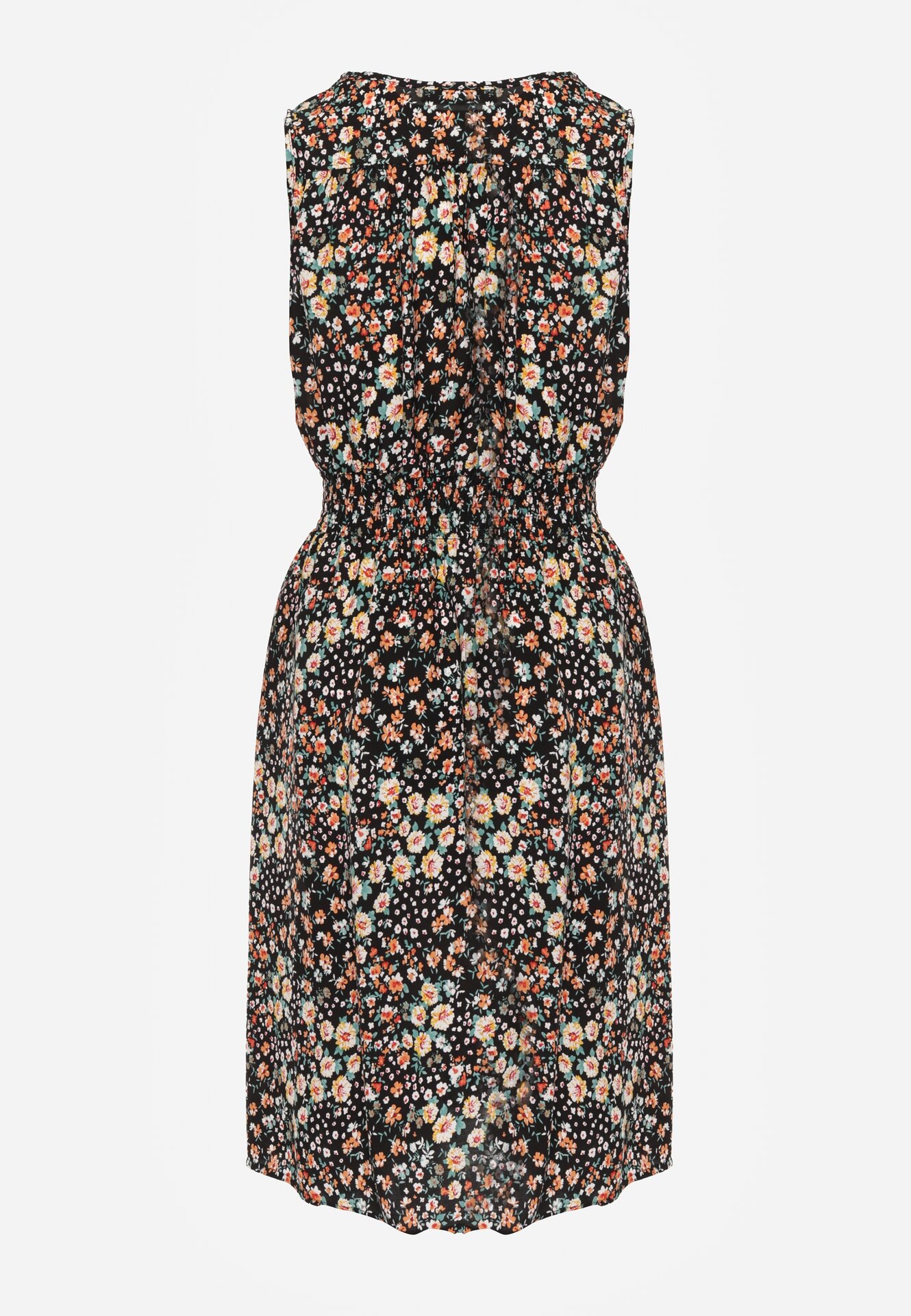 Granatowa Rozkloszowana Sukienka z Wiskozy w Kwiaty Evalis