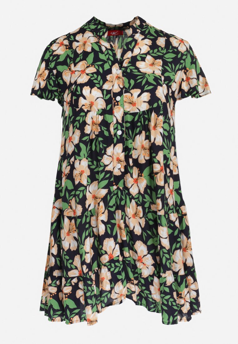 Granatowo-Zielona Rozkloszowana Sukienka w Kwiaty z Krótkim Rękawem i Falbanką Arelie