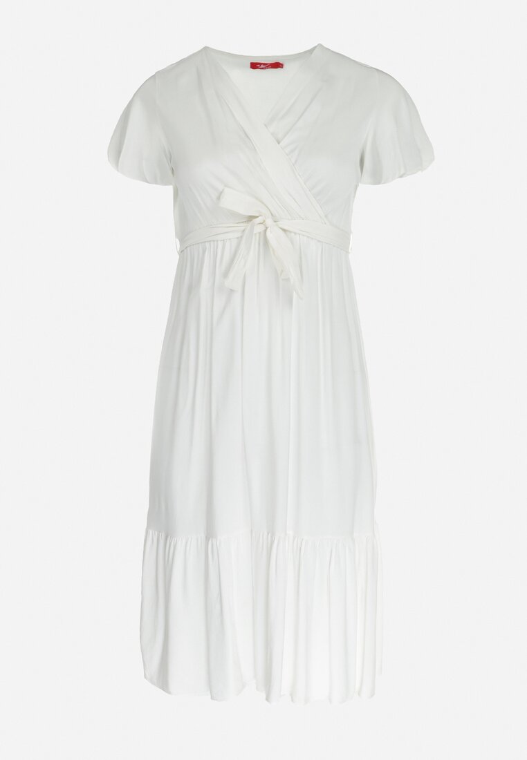 Biała Sukienka Rozkloszowana z Wiązanym Paskiem Firiel
