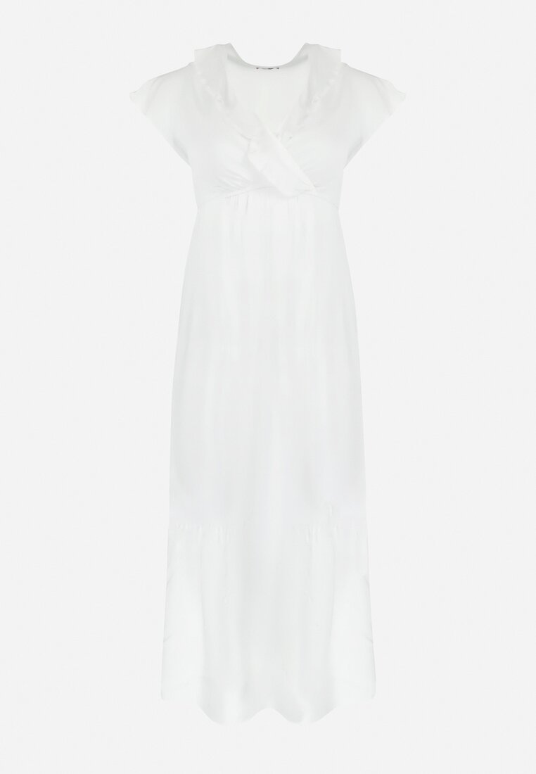 Biała Rozkloszowana Sukienka Maxi z Gumką w Pasie z Falbankami Aimelia