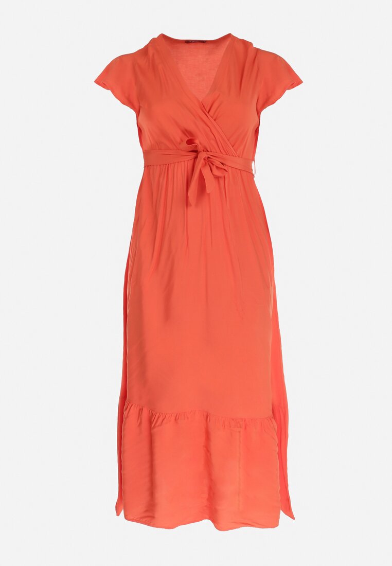 Pomarańczowa Sukienka Maxi z Gumką w Pasie i Materiałowym Paskiem  Eisley