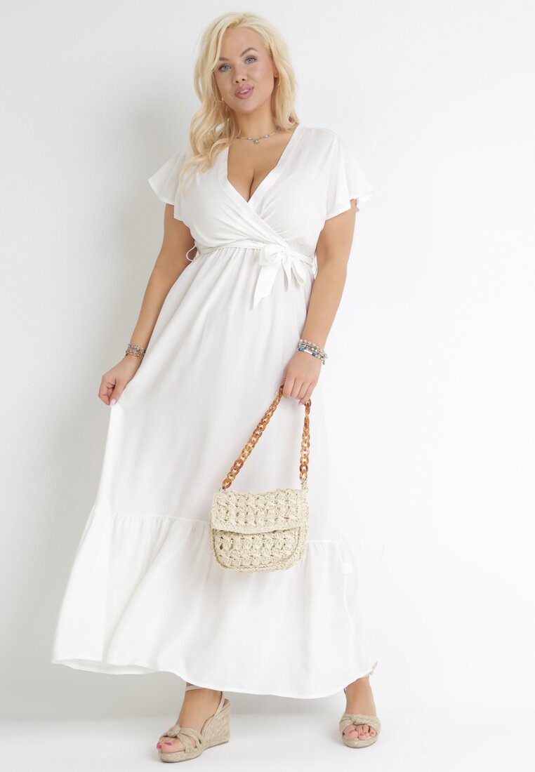 Biała Sukienka Maxi z Gumką w Pasie i Materiałowym Paskiem  Eisley