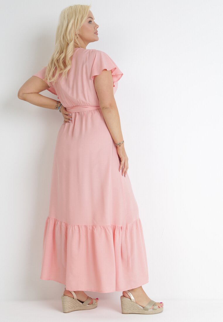 Różowa Sukienka Maxi z Gumką w Pasie i Materiałowym Paskiem  Eisley