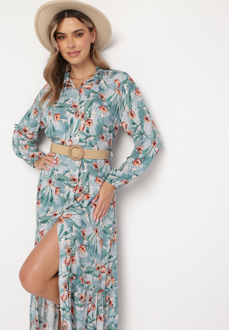 Niebieska Koszulowa Sukienka Maxi W Kwiaty Z Paskiem Bophin Born2be Niebieska Koszulowa Sukienka Maxi W Kwiaty Z Paskiem Bophin Born2be