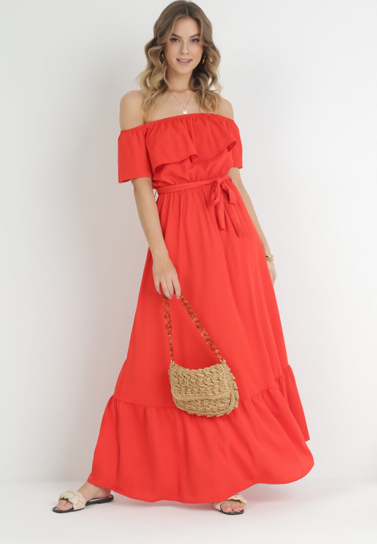 Czerwona Sukienka Hiszpanka z Falbanką i Wiązanym Paskiem  Chethia