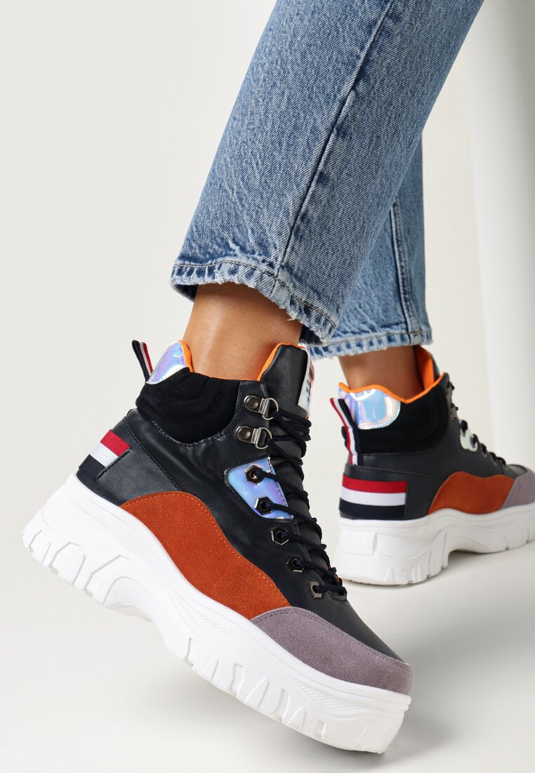 Niebieskie Sznurowane Sneakersy za Kostkę na Masywnej Podeszwie  Jailina
