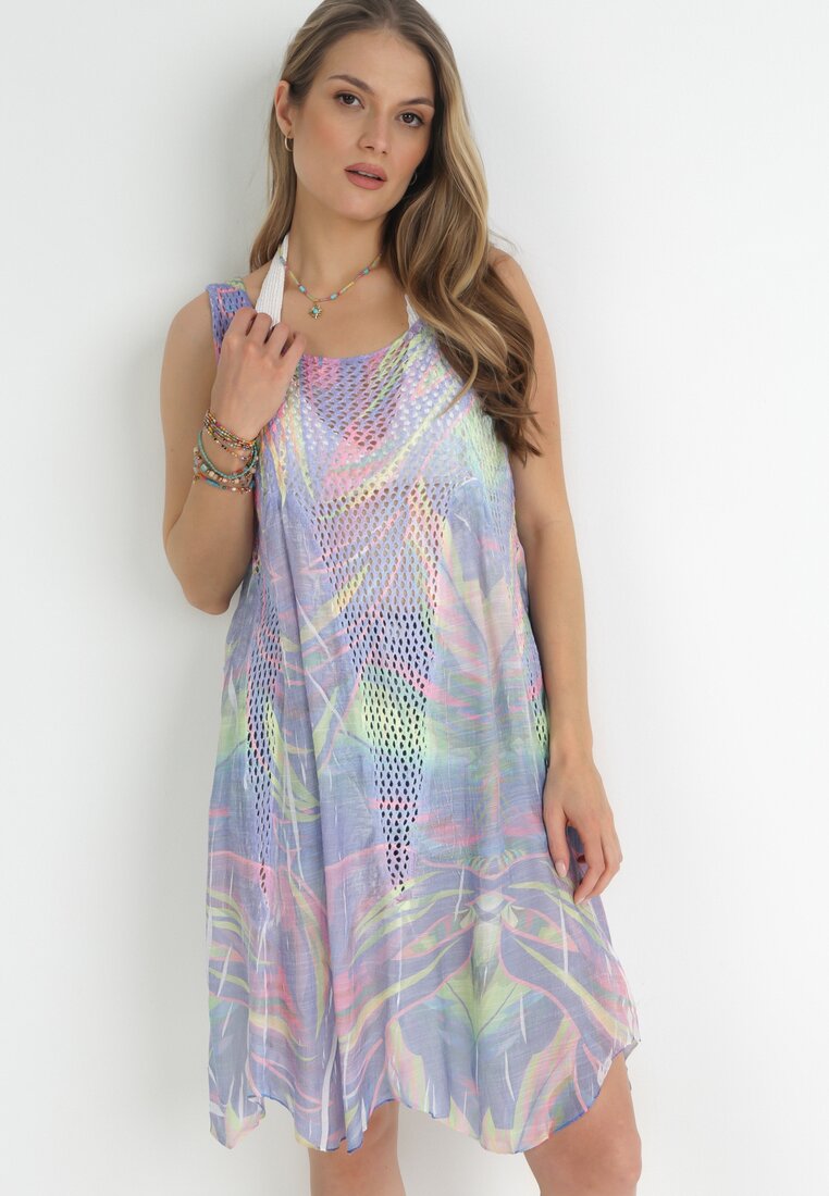 Fioletowa Trapezowa Sukienka Plażowa z Siateczką i Wzorem Tie-Dye Raby