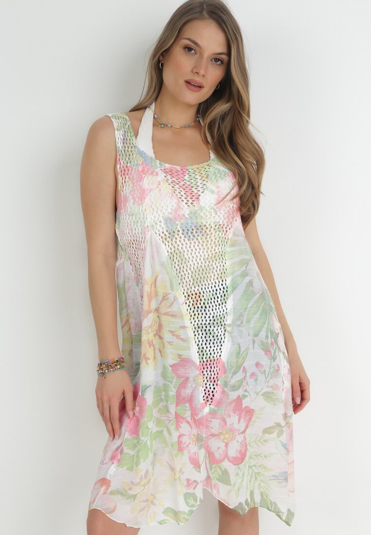 Jasnozielona Sukienka Plażowa z Siateczką i Akwarelowym Wzorem w Kwiaty Araina