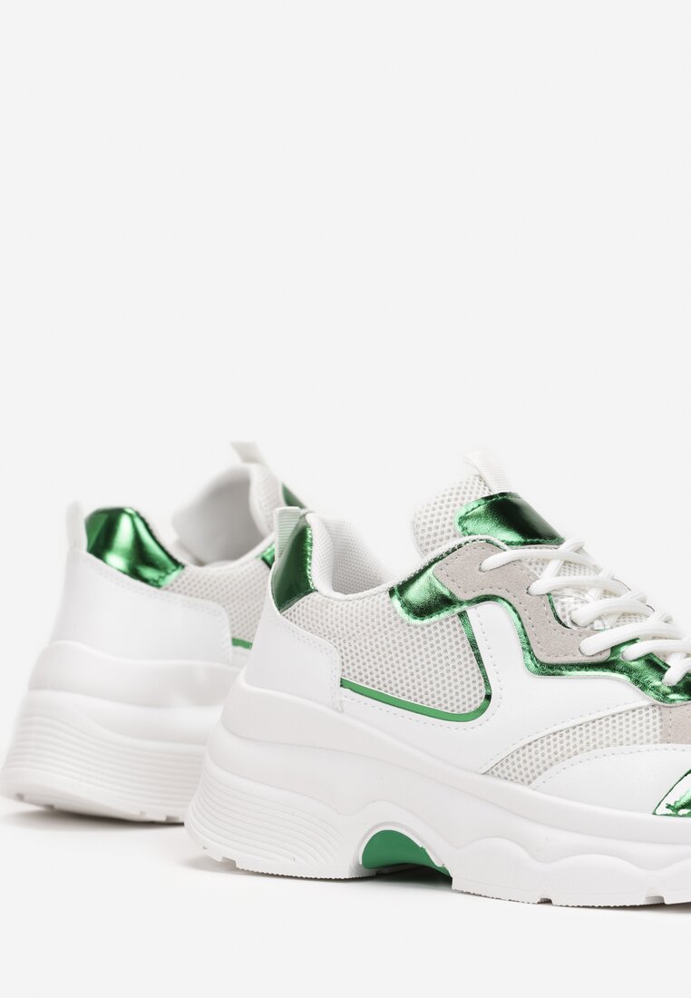 Biało-Zielone Sneakersy na Grubej Podeszwie z Lakierowanymi Wstawkami Fryda