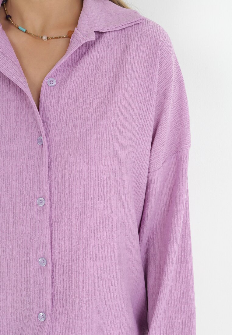 Fioletowy 2-częściowy Komplet z Koszulą i Spodniami z Tłoczonej Tkaniny Benneta