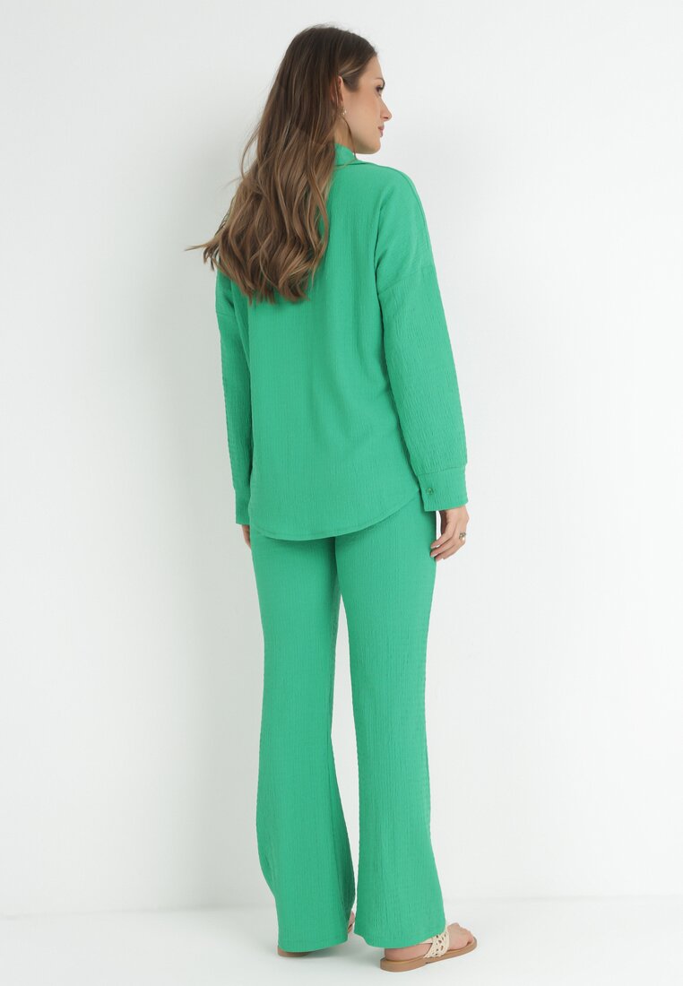 Zielony 2-częściowy Komplet z Koszulą i Spodniami z Tłoczonej Tkaniny Benneta