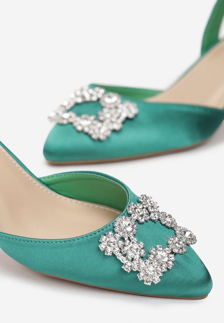 Zielone Satynowe Sandały z Biżuteryjną Klamerką i Noskiem w Szpic Vovi