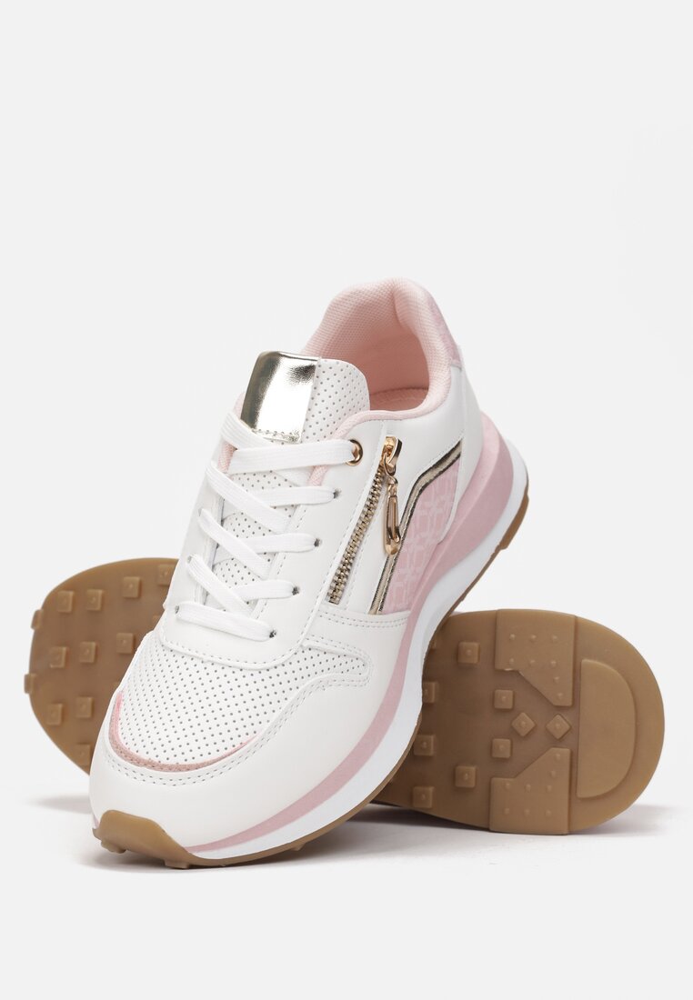 Biało-Różowe Sneakersy z Metaliczną Wstawką i Suwakiem Derica
