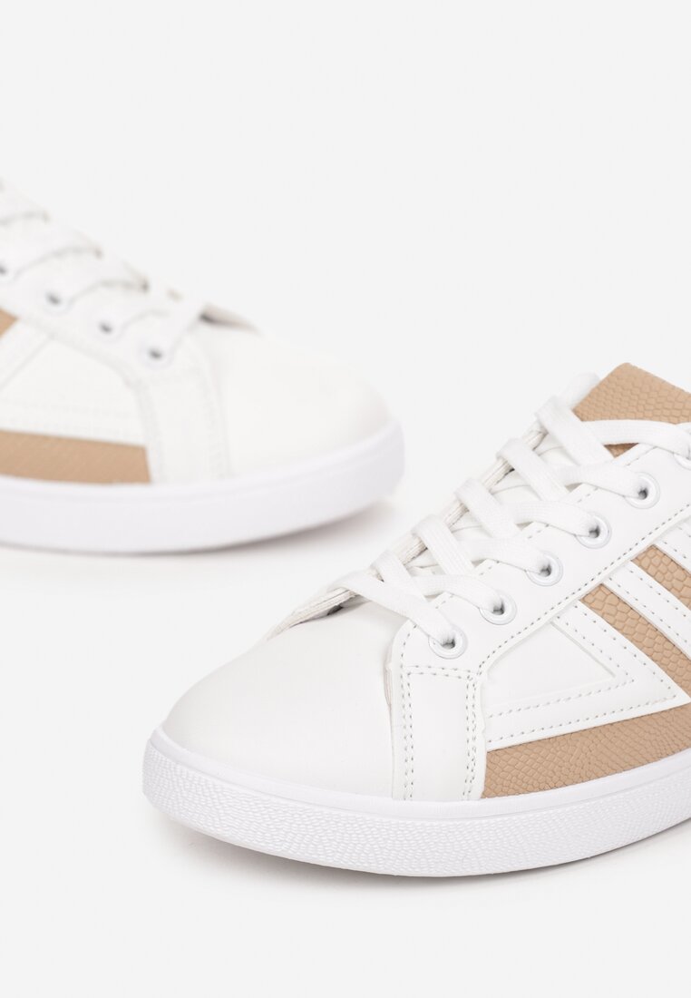 Biało-Beżowe Sneakersy z Cholewką przed Kostkę z Modnymi Przeszyciami Cassamisia