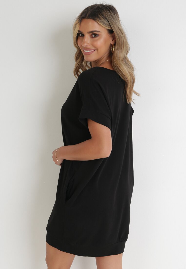 Czarna T-shirtowa Sukienka Mini z Krótkim Rękawem z Bawełny Zeplyn