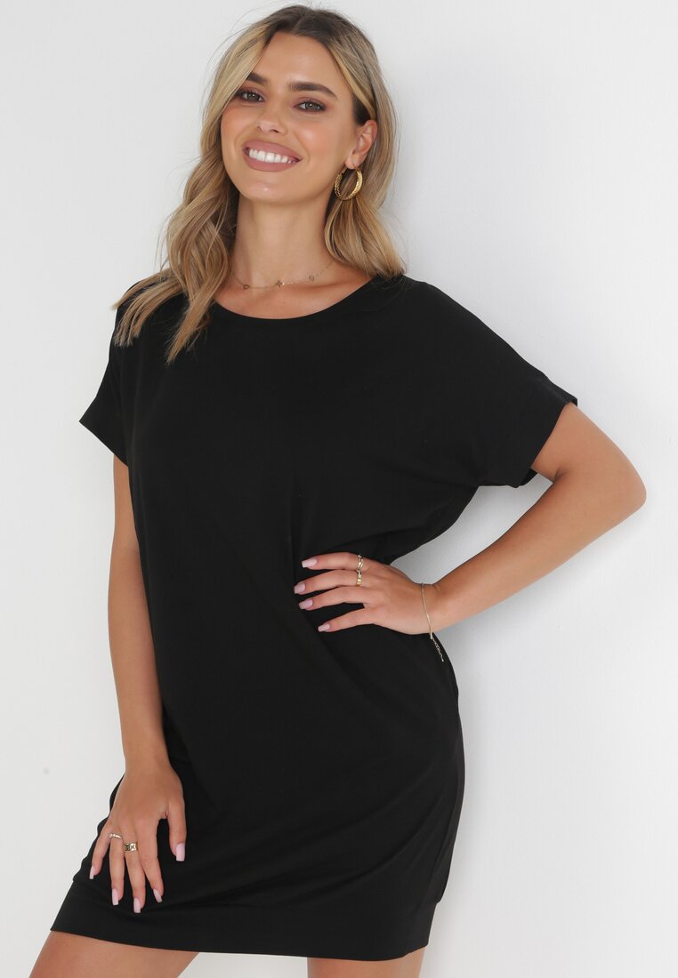 Czarna T-shirtowa Sukienka Mini z Krótkim Rękawem z Bawełny Zeplyn