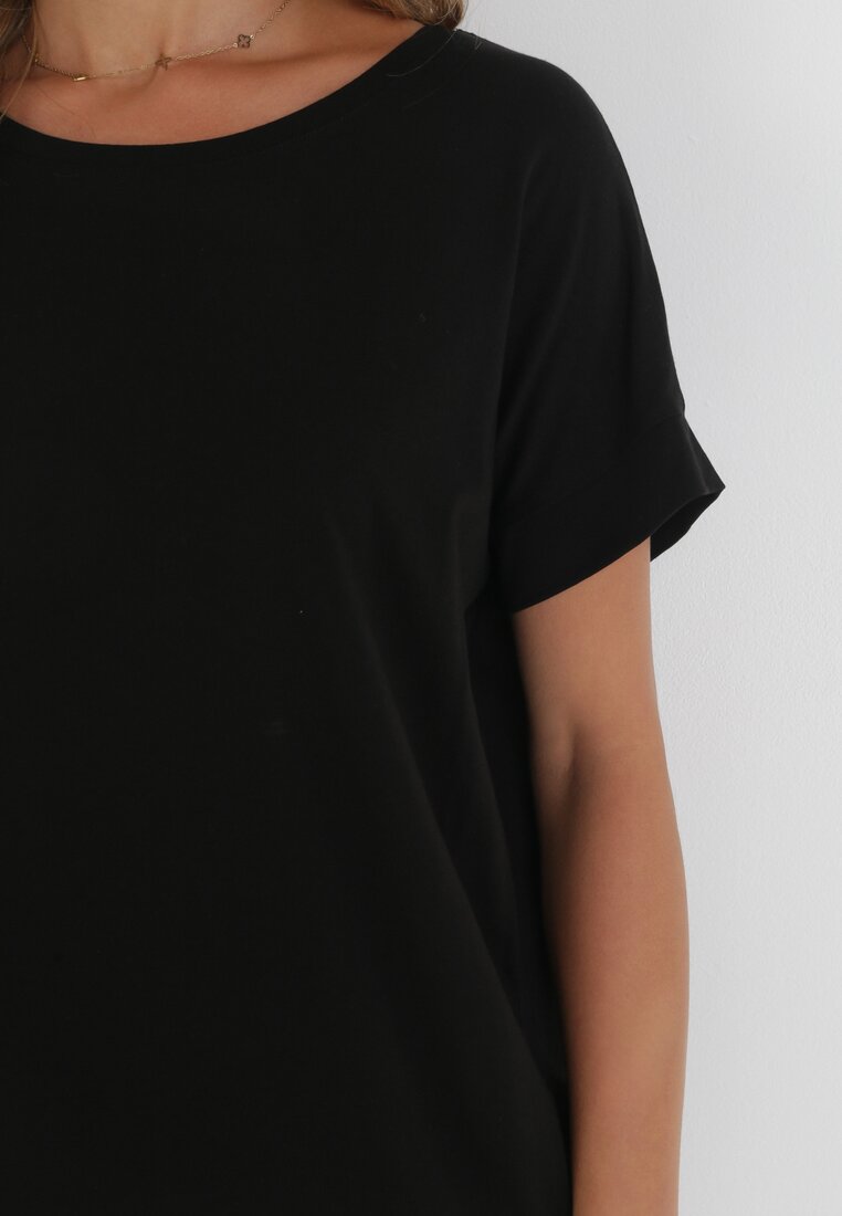 Czarna T-shirtowa Sukienka Mini z Krótkim Rękawem z Bawełny Zeplyn