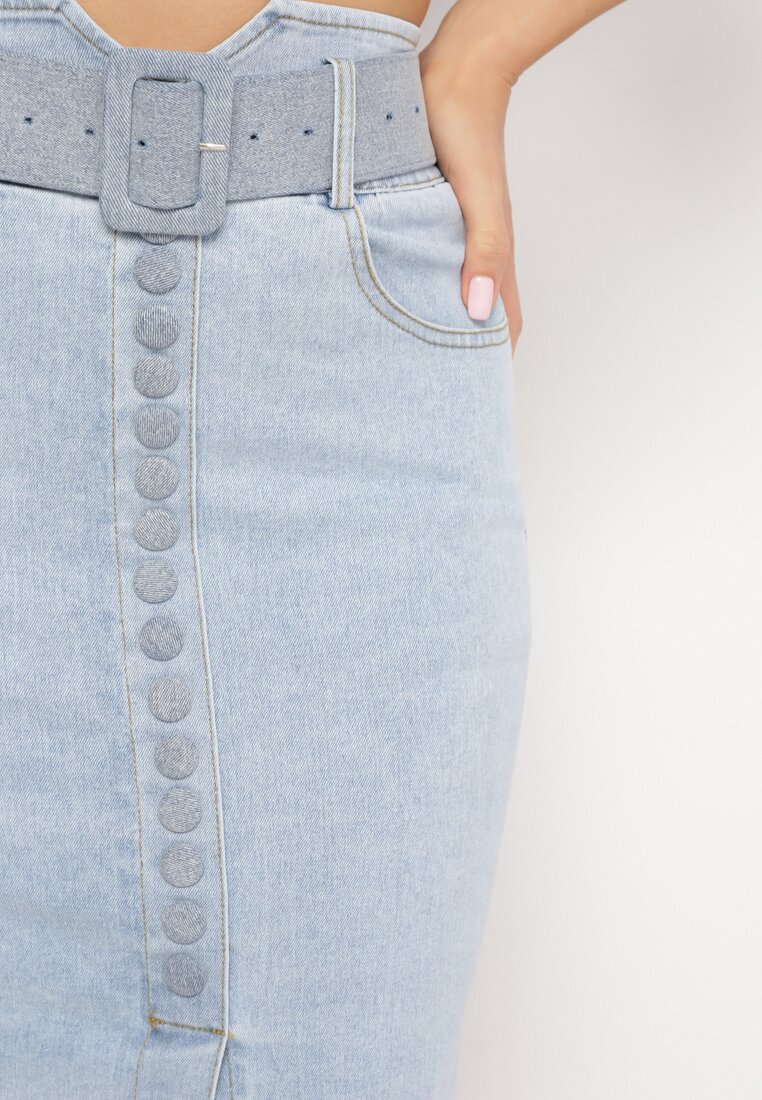 Jasnoniebieska Ołówkowa Spódnica Midi Jeansowa z Guzikami Rilma