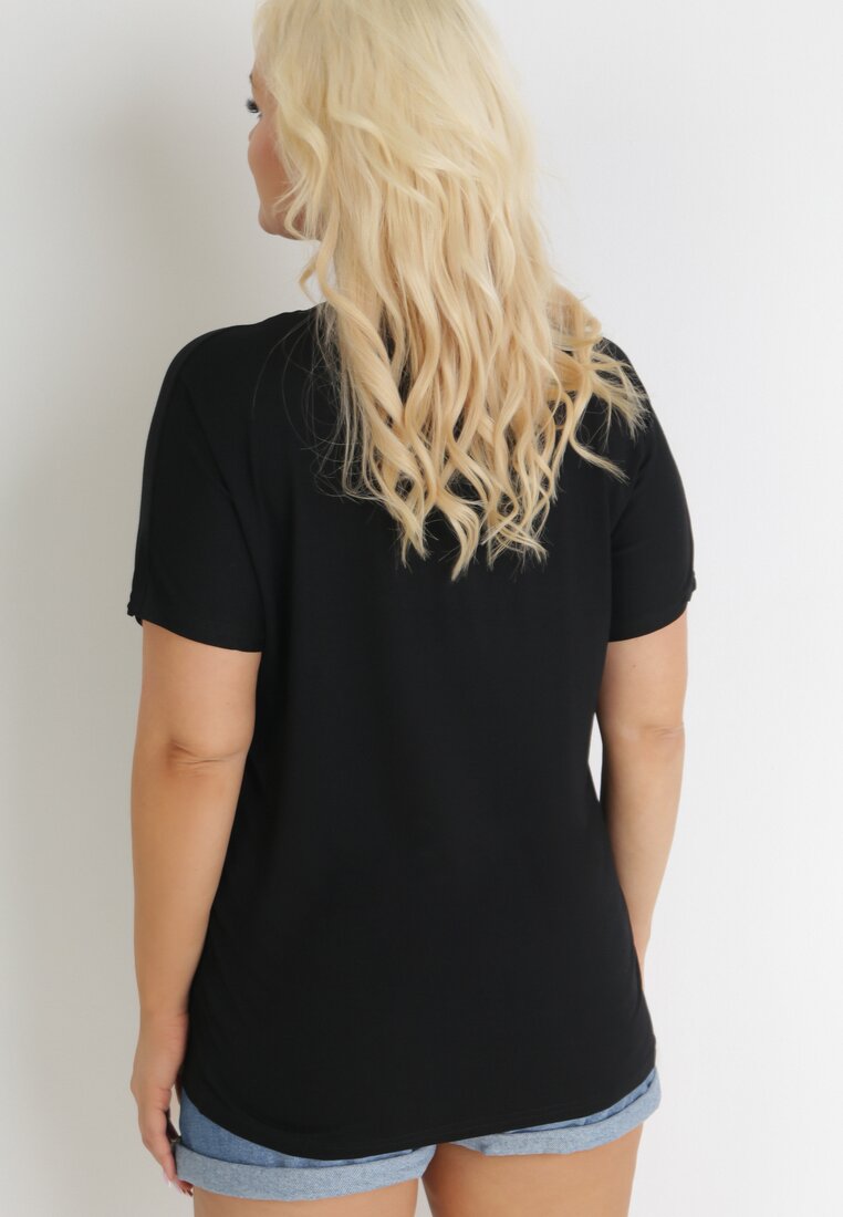 Czarny Bawełniany T-shirt z Krótkim Rękawem z Nadrukiem w Koty z Cekinami Canila