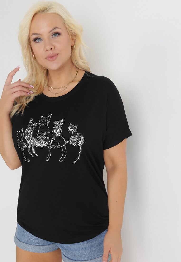 Czarny Bawełniany T-shirt z Krótkim Rękawem z Nadrukiem w Koty z Cekinami Canila