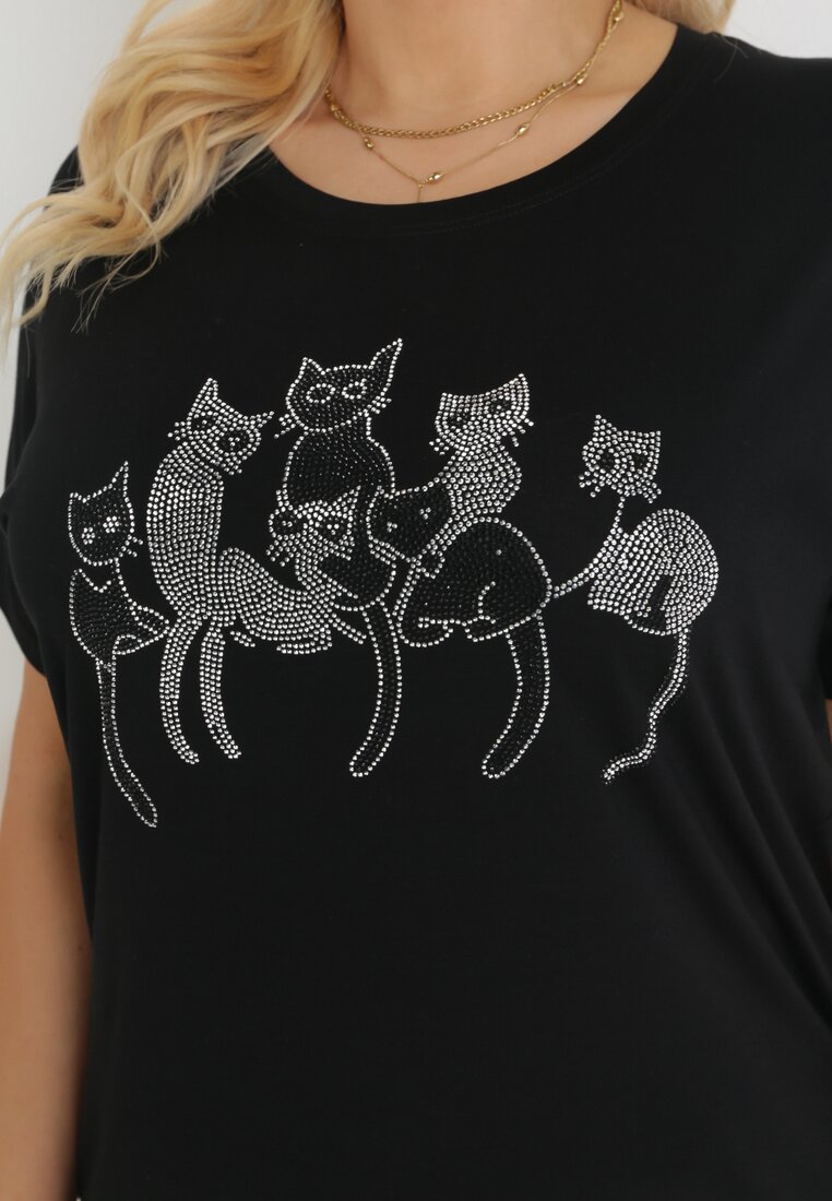 Czarny Bawełniany T-shirt z Krótkim Rękawem z Nadrukiem w Koty z Cekinami Canila