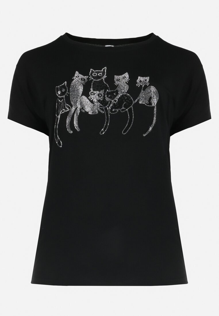 Czarny Bawełniany T-shirt z Krótkim Rękawem z Nadrukiem w Koty z Cekinami Canila