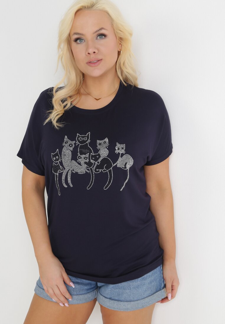 Granatowy Bawełniany T-shirt z Krótkim Rękawem z Nadrukiem w Koty z Cekinami Canila