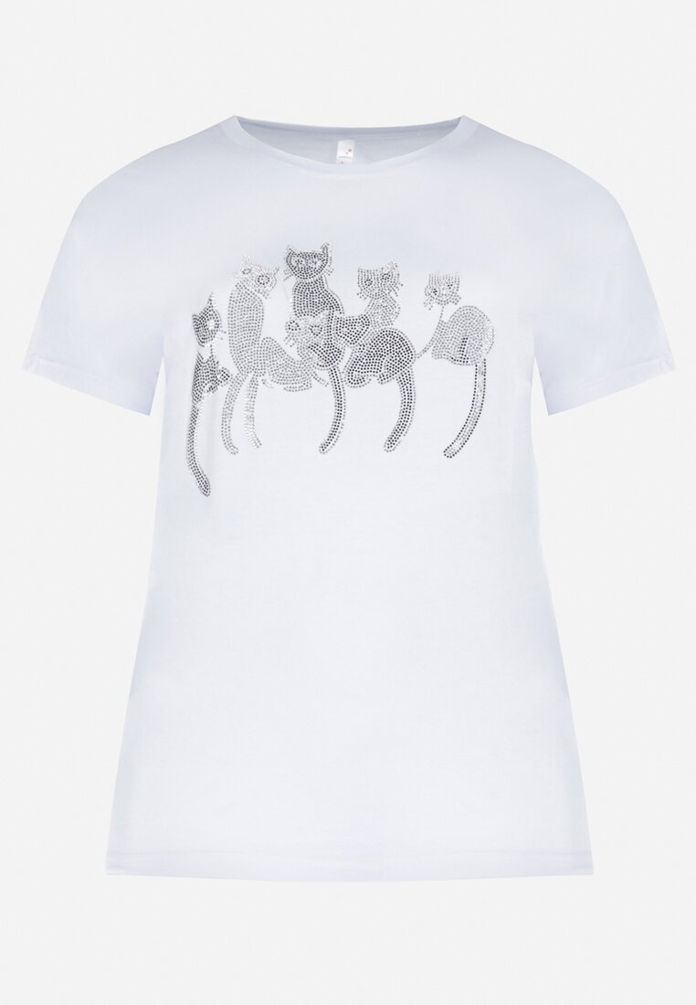 Biały Bawełniany T-shirt z Krótkim Rękawem z Nadrukiem w Koty z Cekinami Canila