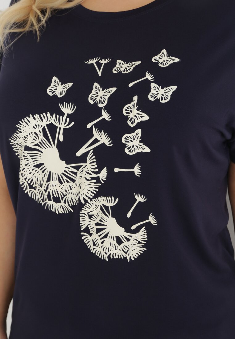Granatowy T-shirt z Nadrukiem w Dmuchawce i Motyle Kyli
