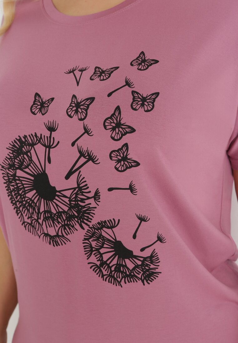 Ciemnoróżowy T-shirt z Nadrukiem w Dmuchawce i Motyle Kyli