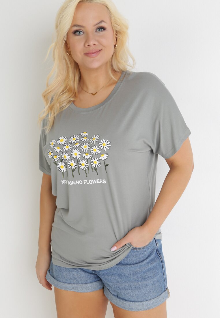 Miętowy T-shirt z Nadrukiem i Rękawem Nietoperz Melinne