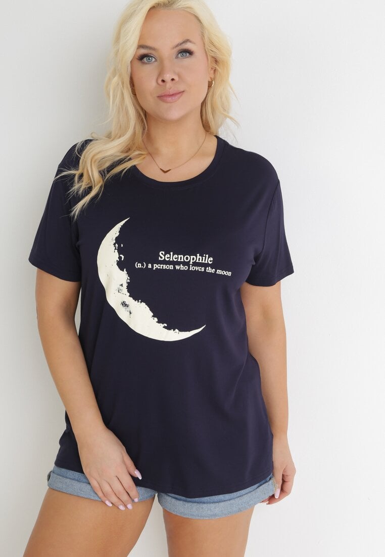 Granatowy T-shirt z Nadrukiem z Motywem Księżyca i Napisem Zitlalia