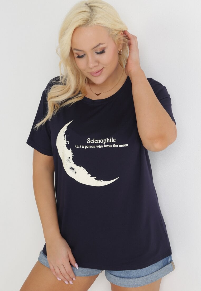Granatowy T-shirt z Nadrukiem z Motywem Księżyca i Napisem Zitlalia