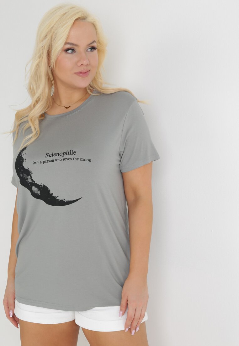 Miętowy T-shirt z Nadrukiem z Motywem Księżyca i Napisem Zitlalia