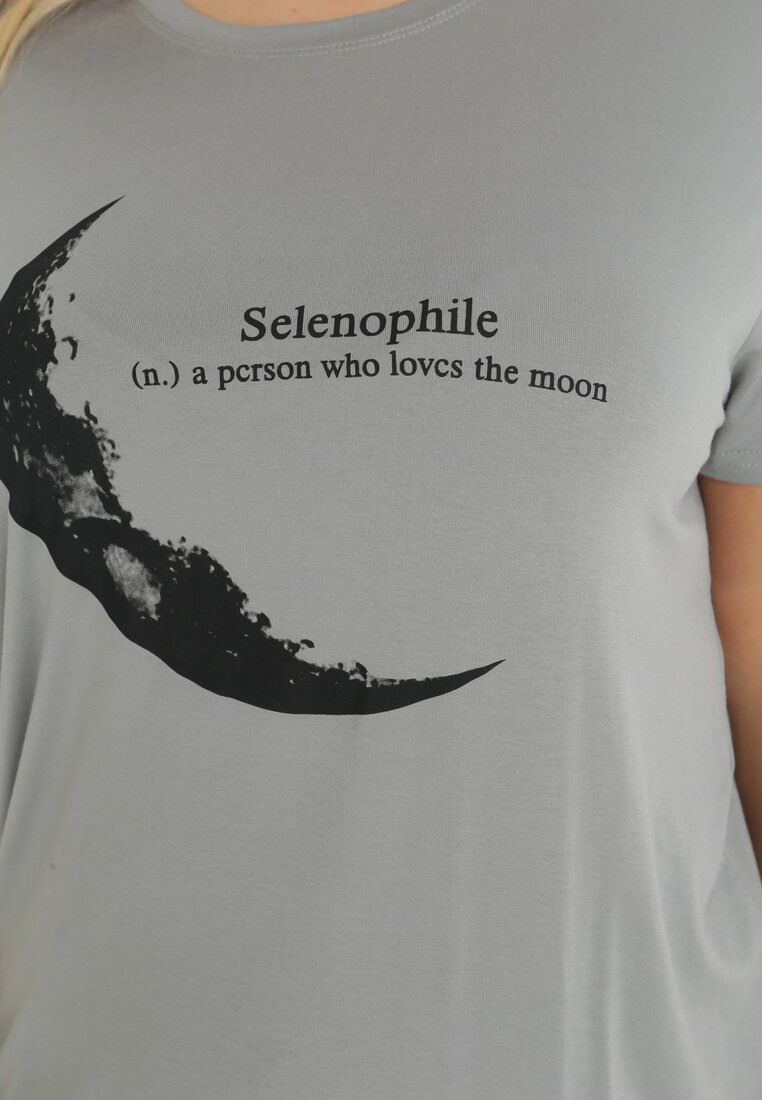 Miętowy T-shirt z Nadrukiem z Motywem Księżyca i Napisem Zitlalia