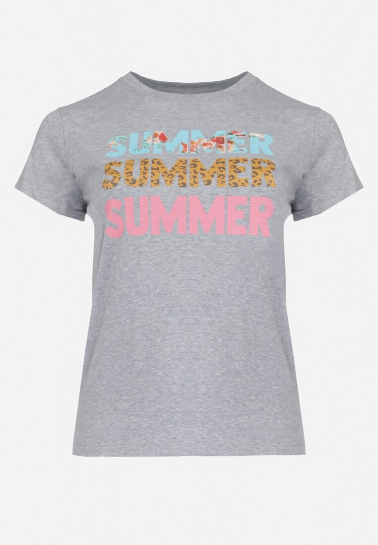 Szary Bawełniany T-shirt z Kolorowymi Napisami Summer