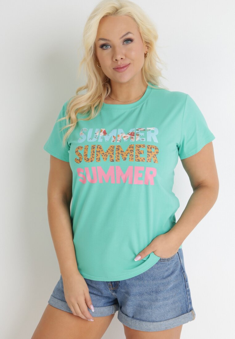 Zielony Bawełniany T-shirt z Kolorowymi Napisami Summer