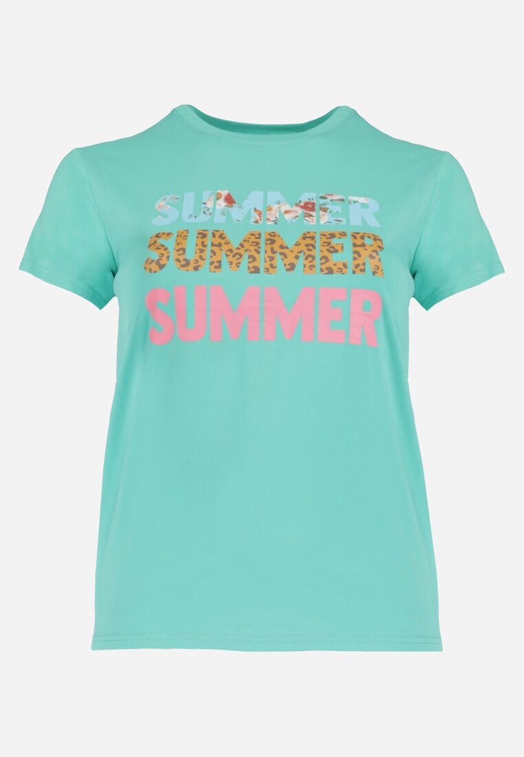 Zielony Bawełniany T-shirt z Kolorowymi Napisami Summer