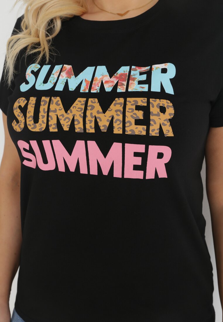 Czarny Bawełniany T-shirt z Kolorowymi Napisami Summer