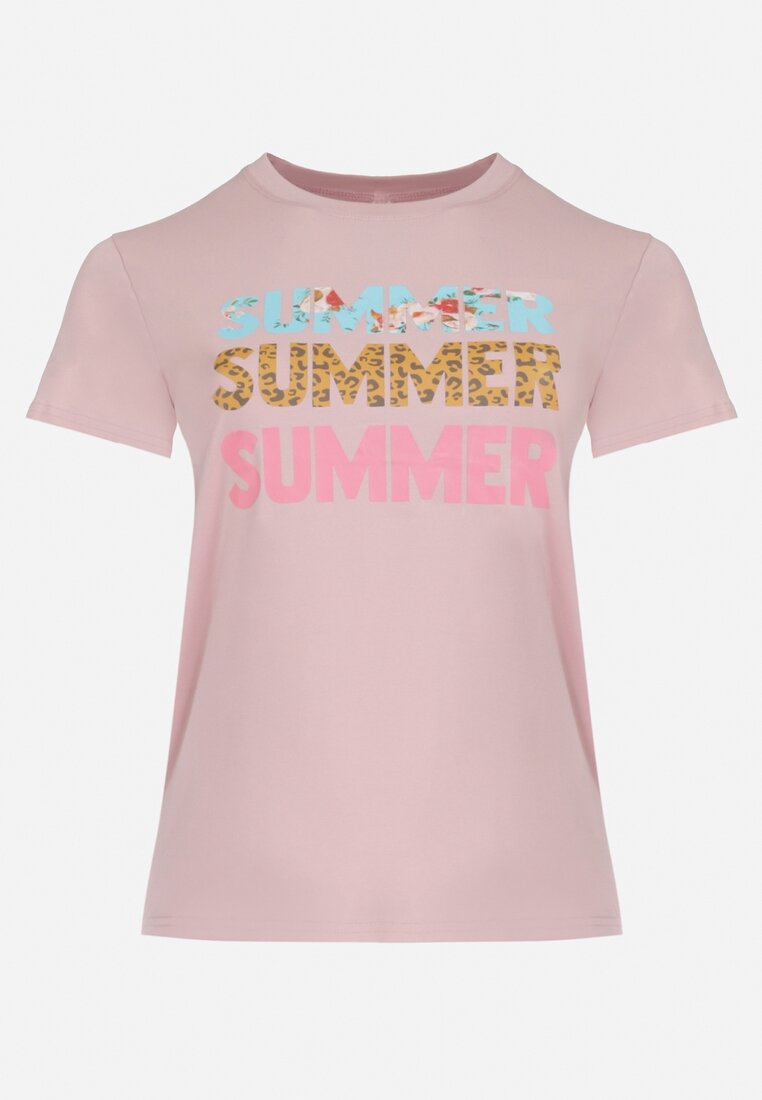 Różowy Bawełniany T-shirt z Kolorowymi Napisami Summer